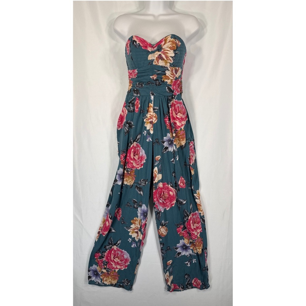 Band of Gypsies Teal Floral Strapless Wide Leg Jumpsuit Smocked Small Tropical